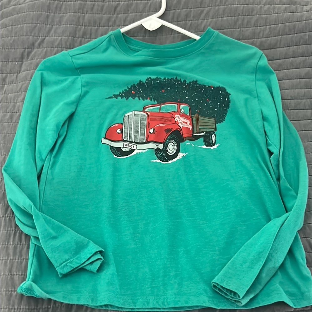 Kids green Long Sleeve Shirt with Red Truck and Christmas tree Design